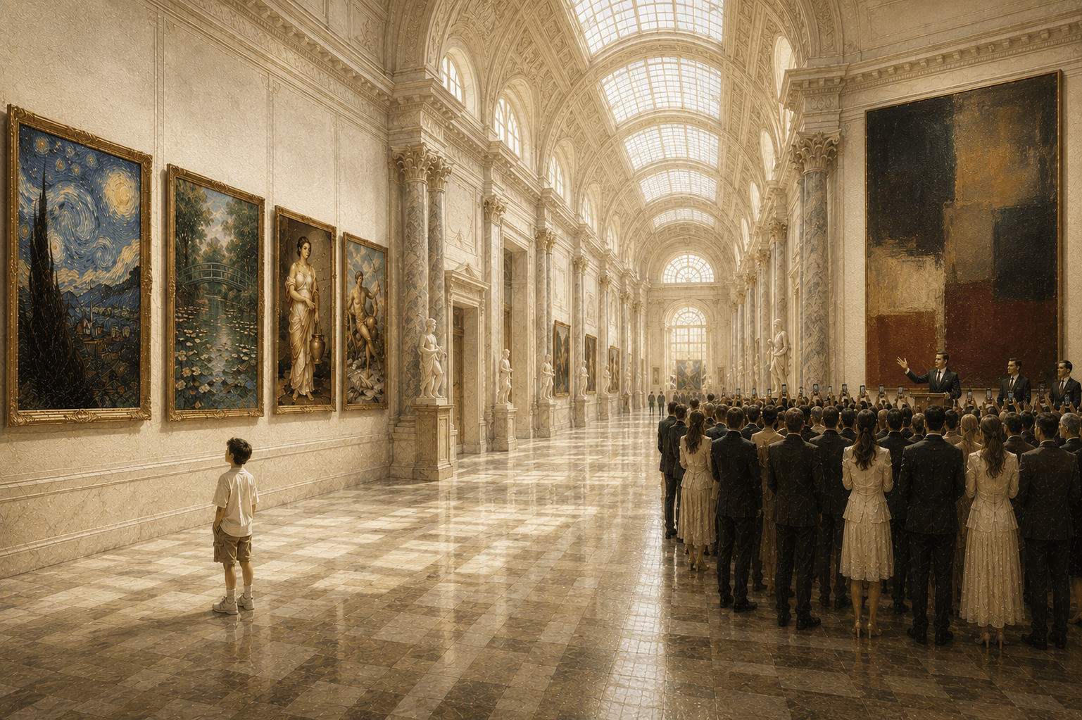 The boy before the great paintings