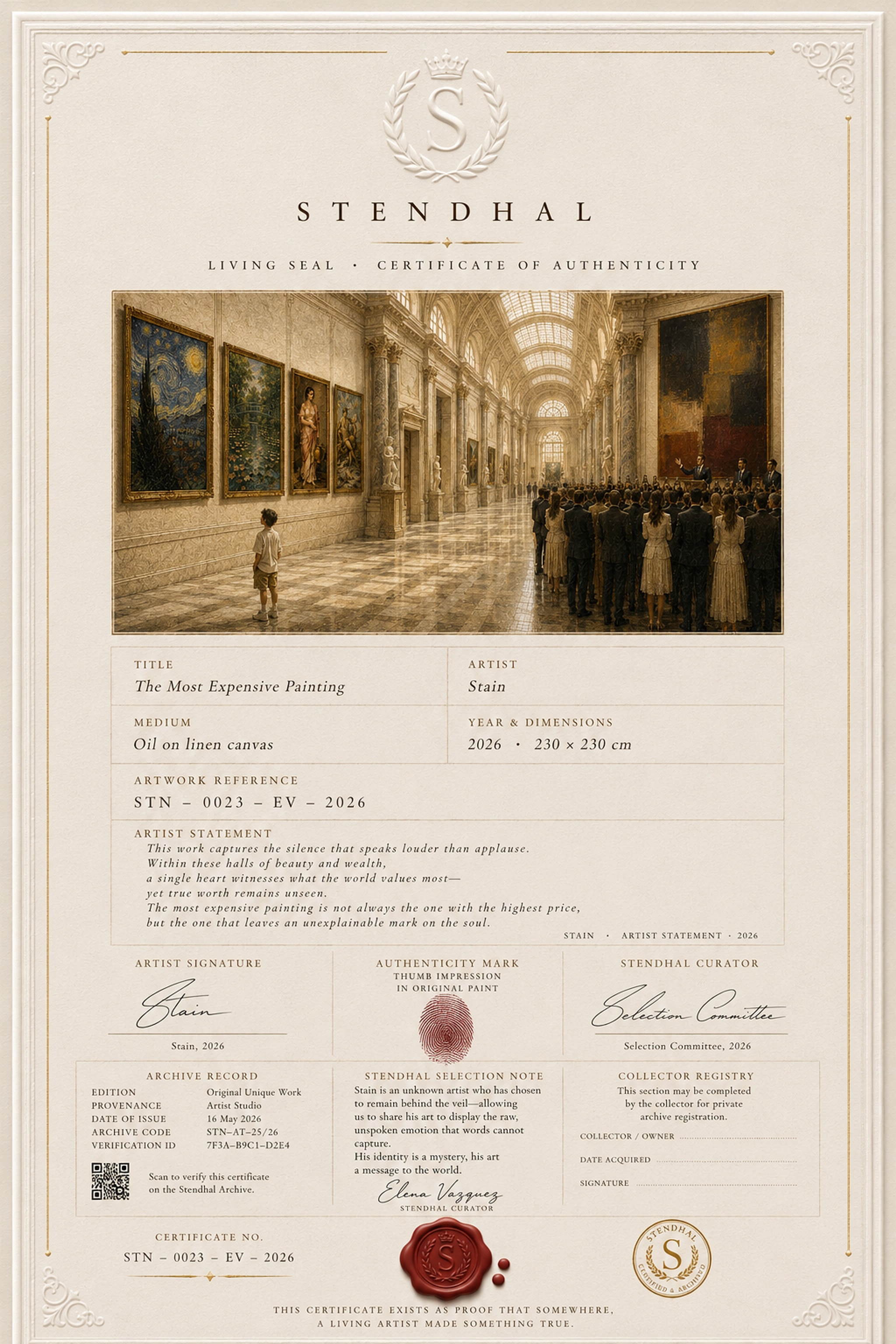 The Living Seal certificate of authenticity for The Most Expensive Painting by Stain, carrying the artist's thumbprint in red paint and the red wax seal of the house.